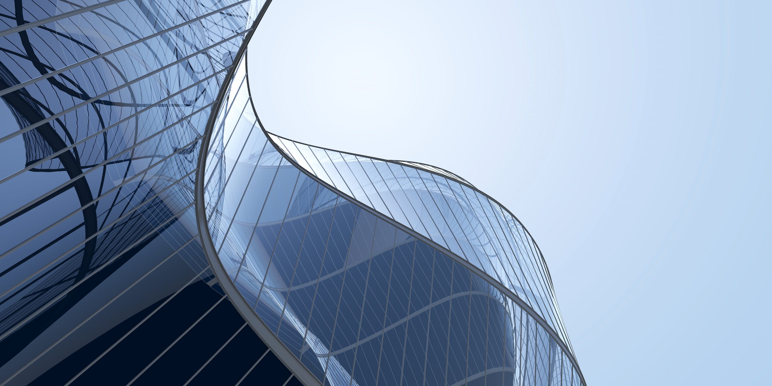 Low angle view of futuristic architecture, Skyscraper office building with sunny blue sky