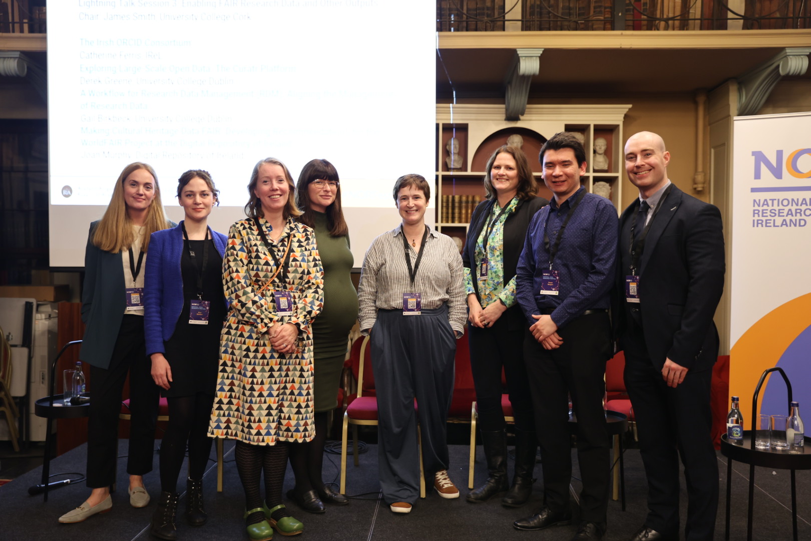 Digital Repository of Ireland and Higher Education Authority staff at the National Open Research Festival 2023. Left to right: Aislinn Conway, Aine Madden, Lisa Griffith, Michelle Doran, Claire Lanigan, Deirdre Quinn, Daniel Bangert and Shane Walsh. 