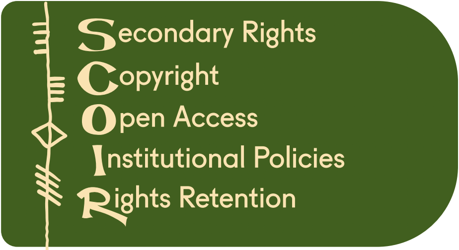 SCOIR logo. Secondary rights, Copyright, Open access, Institutional policies and Rights retention.