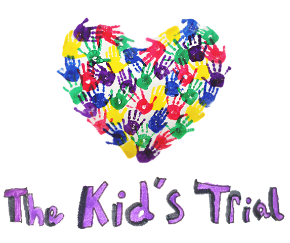 Children's painted handprints in the shape of a heart - the Kid's Trial logo