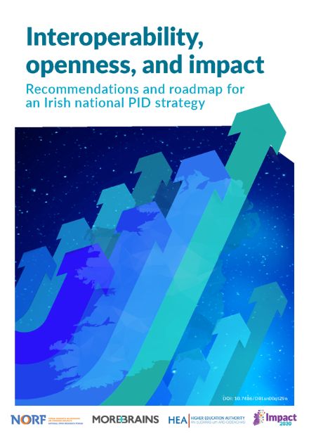 Cover of the National Persistent Identifier (PID) Strategy and Roadmap with title 'Impact, Openness, Interoperability: Recommendations and a Roadmap for an Irish National PID Strategy'. Logos for NORF, MoreBrains Cooperatives, the HEA and Impact 20230 are included at the bottom of the page.