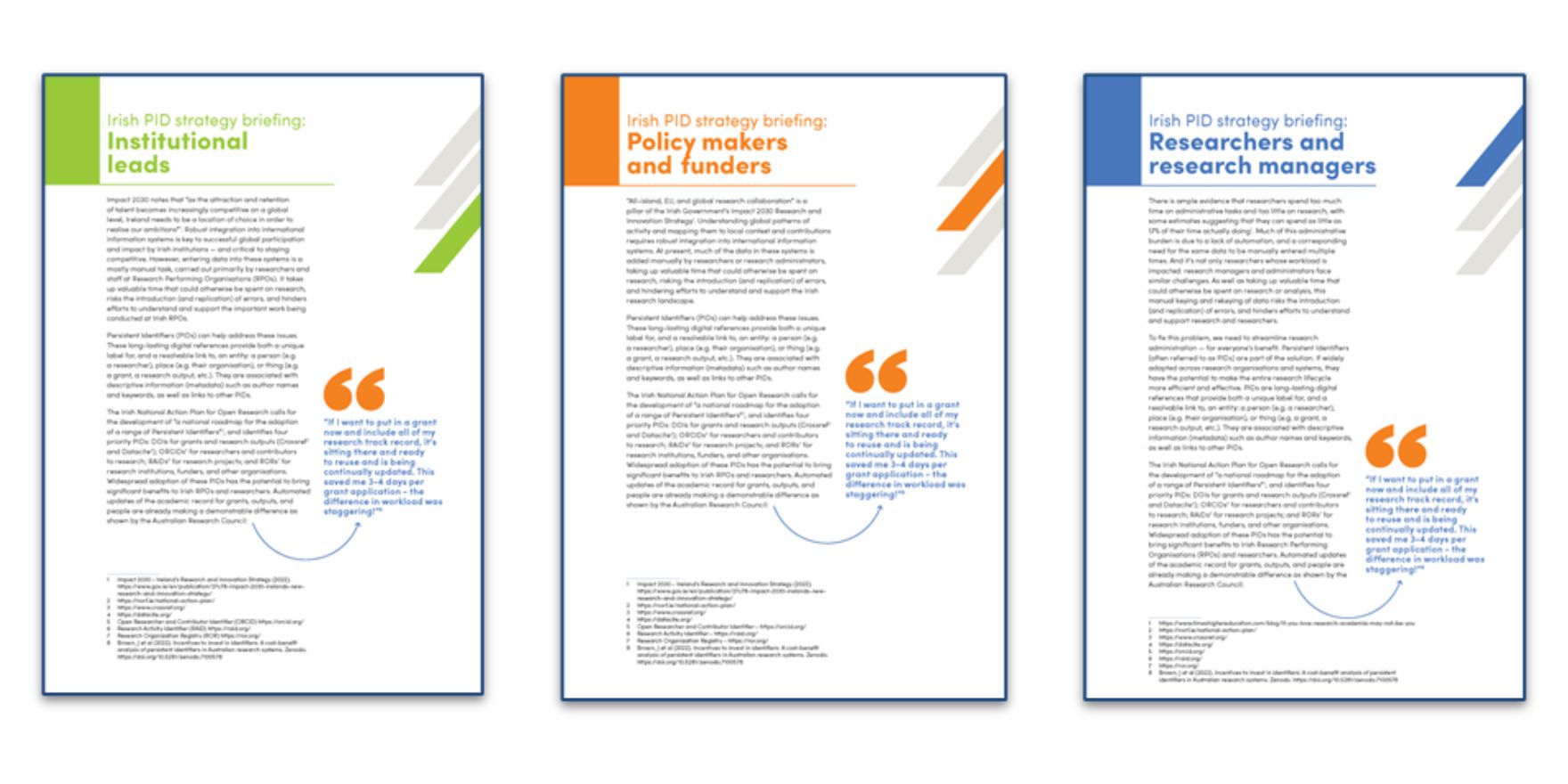 Cover pages of the three Irish PID strategy briefing documents