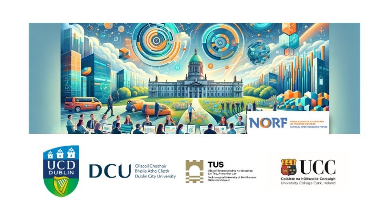 Illustration featuring a futuristic urban landscape and innovative architecture. It includes the NORF, Dublin City University (DCU), Technological University of the Shannon (TUS) and University College Cork (UCC) logos.