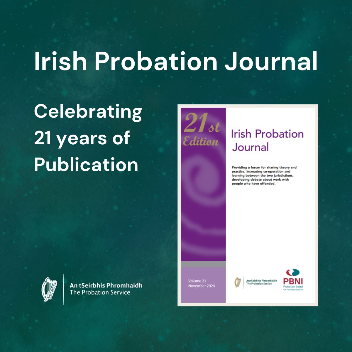 Cover of Irish Probation Journal (Vol. 21) with text 'Celebrating 21 years of Publication'. The Probation Service and Probation Board for Northern Ireland logos are included.