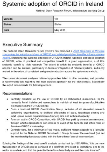 First page of Systemic Adoption of ORCID in Ireland