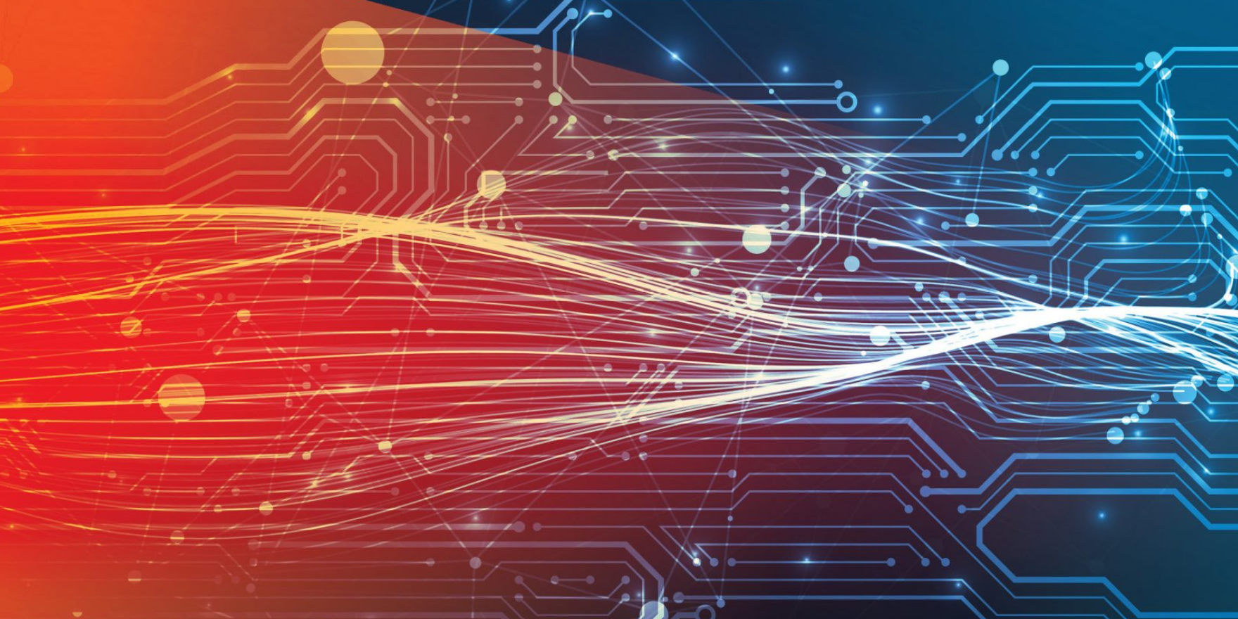 A digital abstract illustration featuring interconnected circuit-like lines and glowing nodes. The left side of the image is dominated by warm red and orange tones, while the right side transitions into cool blue shades. Wavy light streaks flow across the image, symbolizing data transfer, connectivity, or technology concepts.