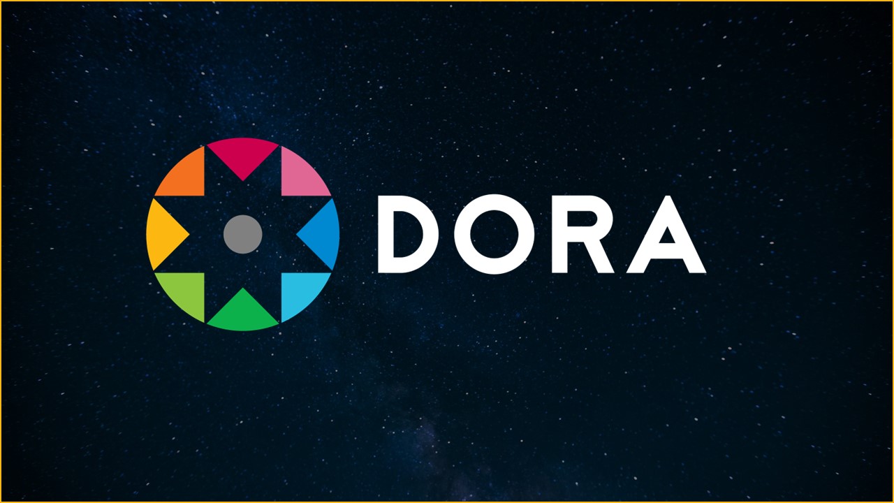 DORA logo on black galaxy like background