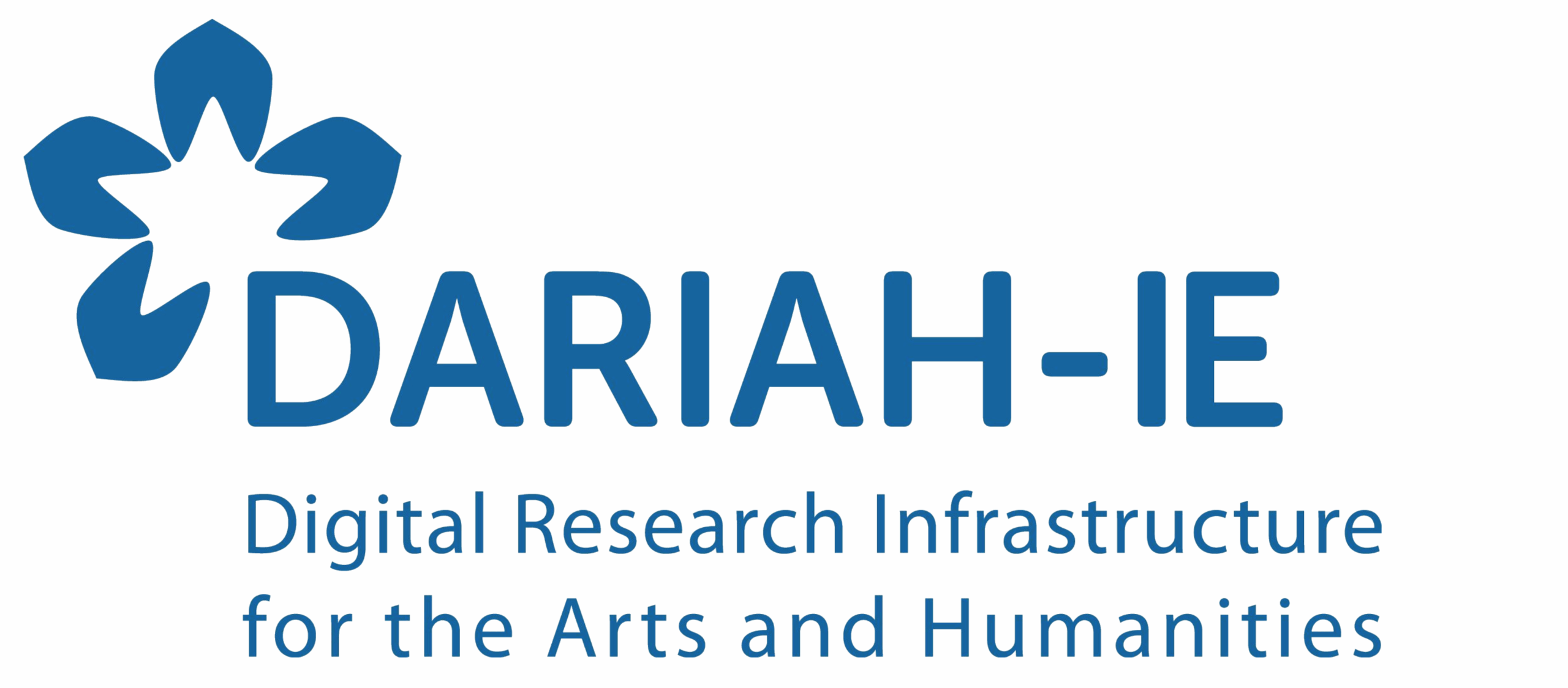 Logo of DARIAH-IE, featuring a blue star-shaped flower emblem on the left and the text 'DARIAH-IE' in bold blue letters. Below it reads 'Digital Research Infrastructure for the Arts and Humanities' in smaller blue font.