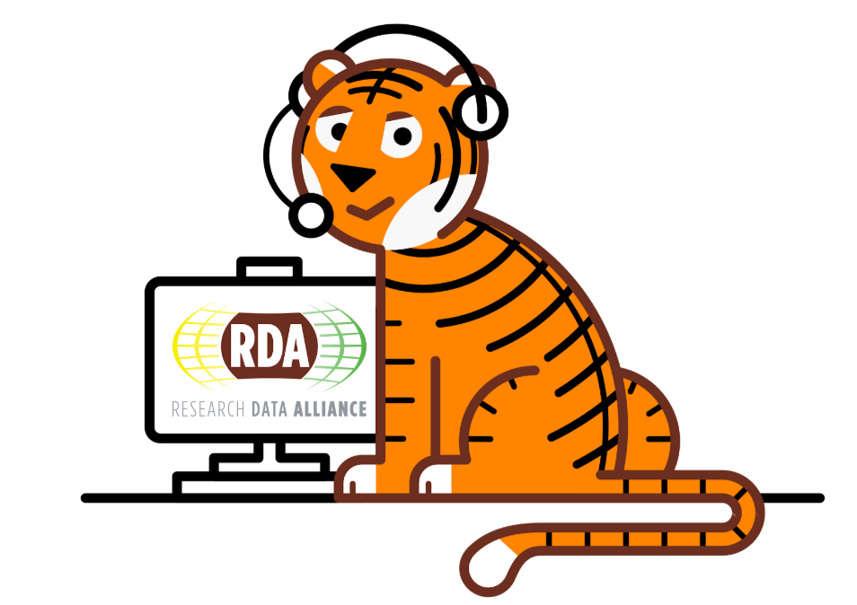 RDA Tiger cartoon of a tiger with a headset on in front of a computer screen that showcases the RDA logo