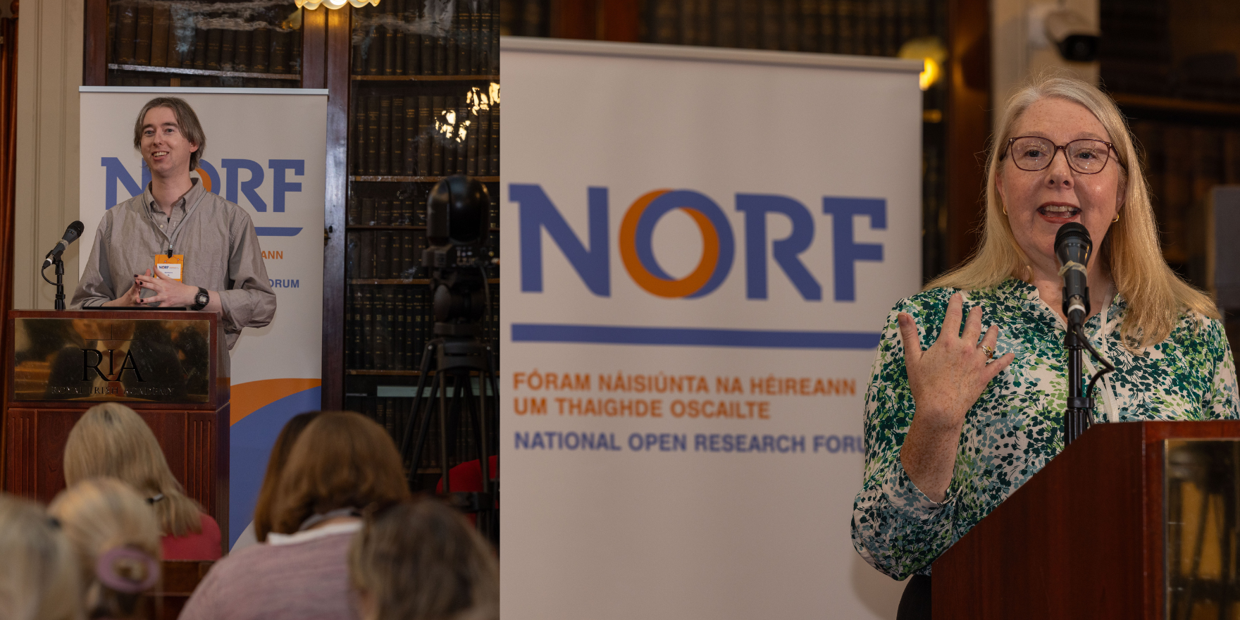 Ed Kearns, Postdoctoral researcher, University of Limerick and Colleen Thomas, Research Culture & Engagement Manager, University College Dublin standing at the podium in the historic Royal Irish Academy Meeting Room, delivering a talk during NORFest 2025.