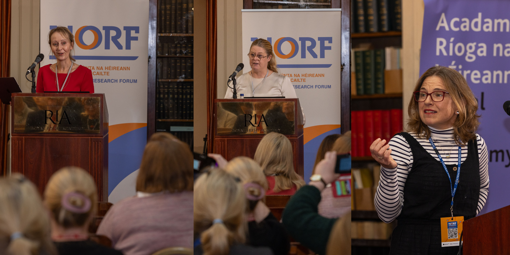 Beth Knazook, Research Data Manager, Digital Repository of Ireland, Ruth Geraghty, Research Data Coordinator, Royal College of Surgeons in Ireland and Simone O’Rourke, Project Manager of the NORF-funded ABOARD project, University College Cork, standing at the podium in the historic Royal Irish Academy Meeting Room, delivering talks during NORFest 2025.