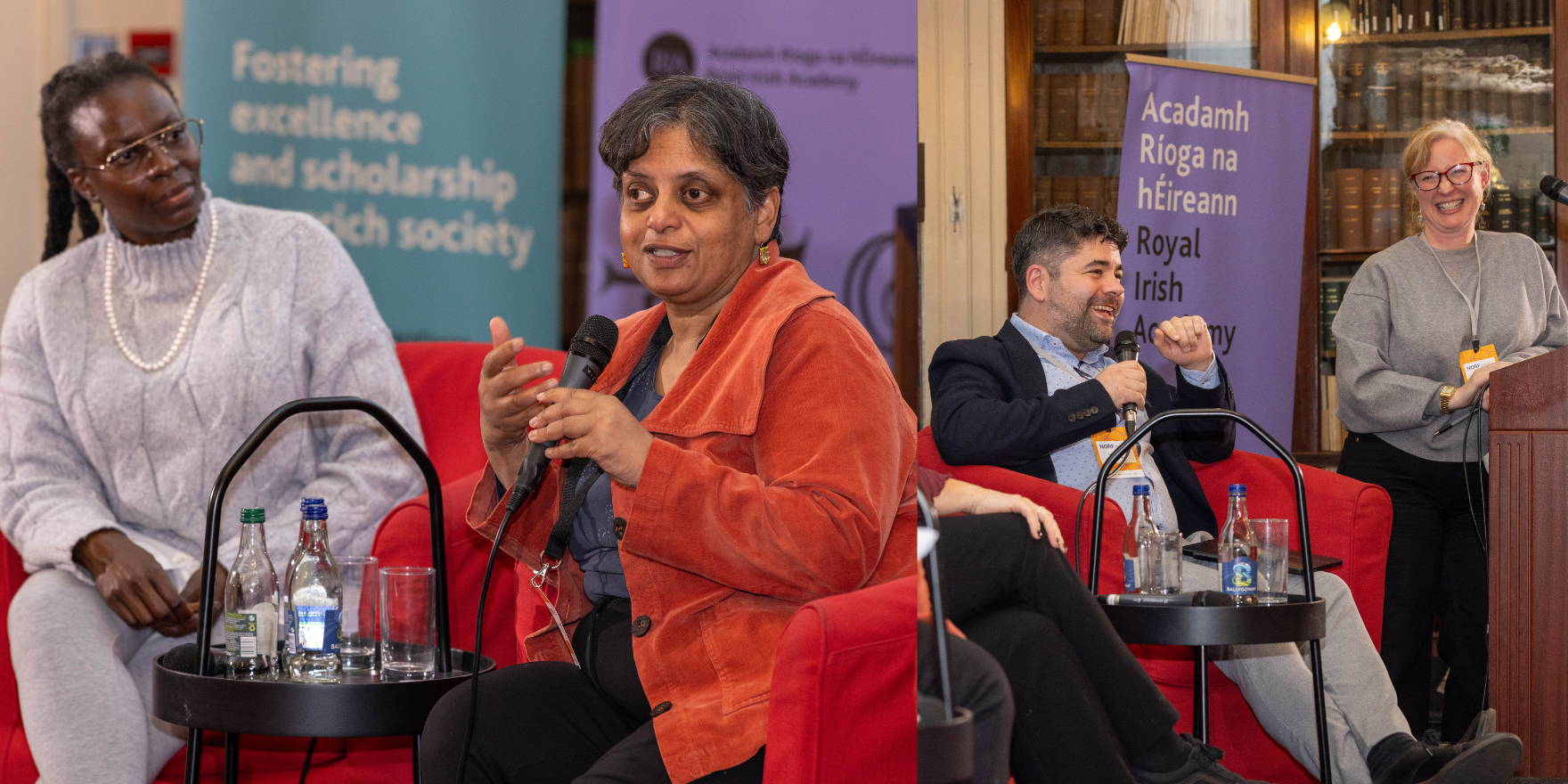 A collage of two images of Kalpana Shankar, Joy Owango, Lautaro Matas and Clare Dillon engaging in a panel discussion at NORFest 2025. They are sitting on the stage in the Royal Irish Academy's Meeting Room with hand held mics. Clare Dillon is standing at the podium.