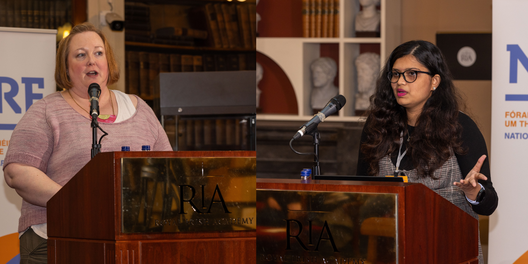 A collage of two images of Jenny O'Neill HEAnet and Lakshmi Menon, UCD standing at the podium in the historic Royal Irish Academy Meeting Room, delivering talks during NORFest 2025.