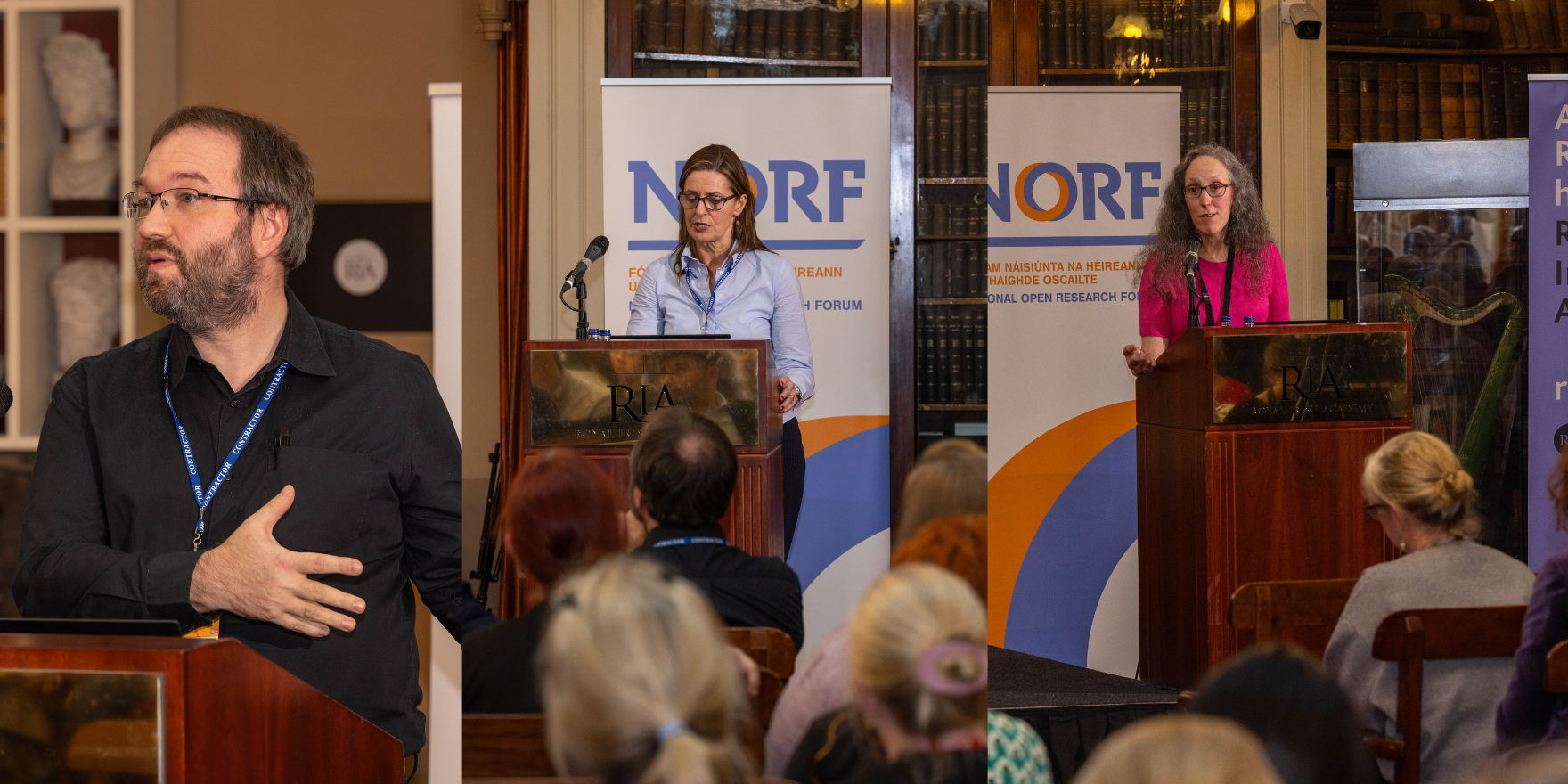A collage of three images of Armin Straube, Research Data Manager, University of Limerick, Donna Ó Doibhlin, Scholarly Communications Librarian, UCC and Marta Bustillo, Digital Learning Librarian, UCD delivering lightning talks from the podium in the historic Meeting Room of the Royal Irish Academy during NORFest 2025 Day One.