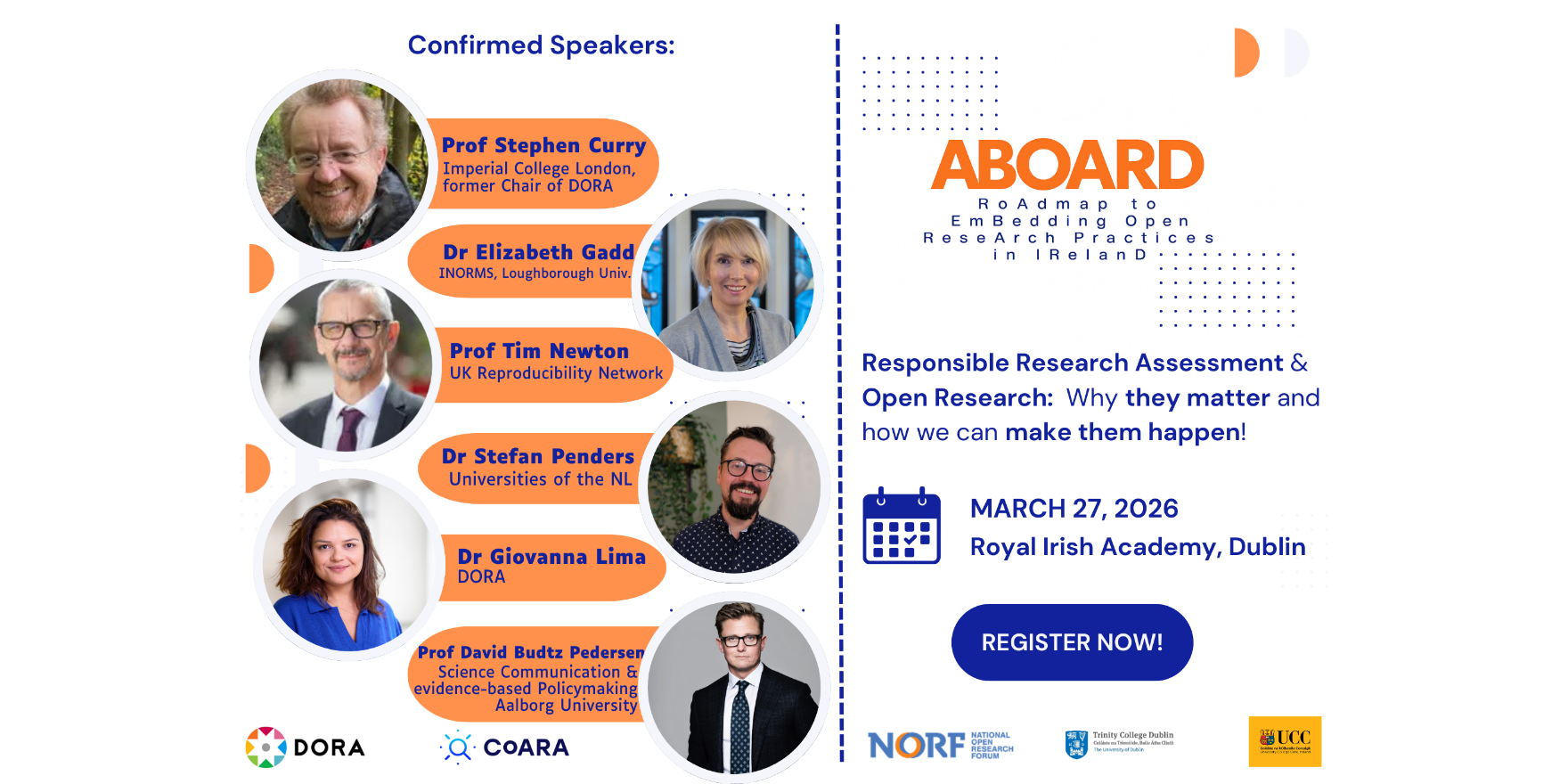 Event poster for "ABOARD: Roadmap to Embedding Open Research Practices in Ireland" on March 27, 2026, at Royal Irish Academy, Dublin. Features confirmed speakers with portraits and affiliations.