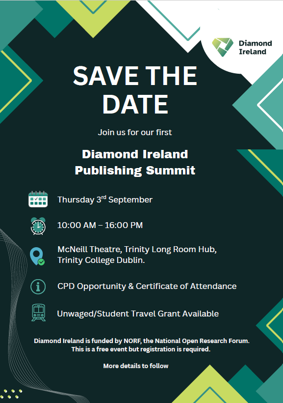 Diamond Ireland Publishing Summit large A 'save the date' flyer with Diamond Ireland branding. The flyer provides details for the Diamond Ireland Publishing Summit on 3 September 2026 between 10am and 4pm.
