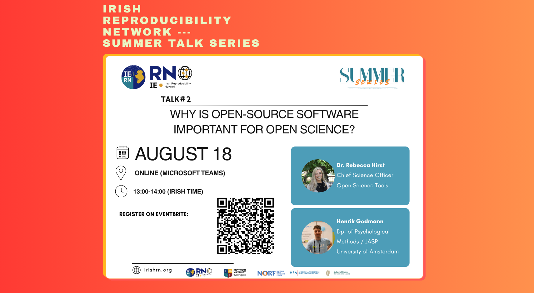 IRN_summerSeries_Talk2_NORF 2 Flyer for the Irish Reproducibility Network Summer Talk #2, titled 'Why is open-source software important for open science?'